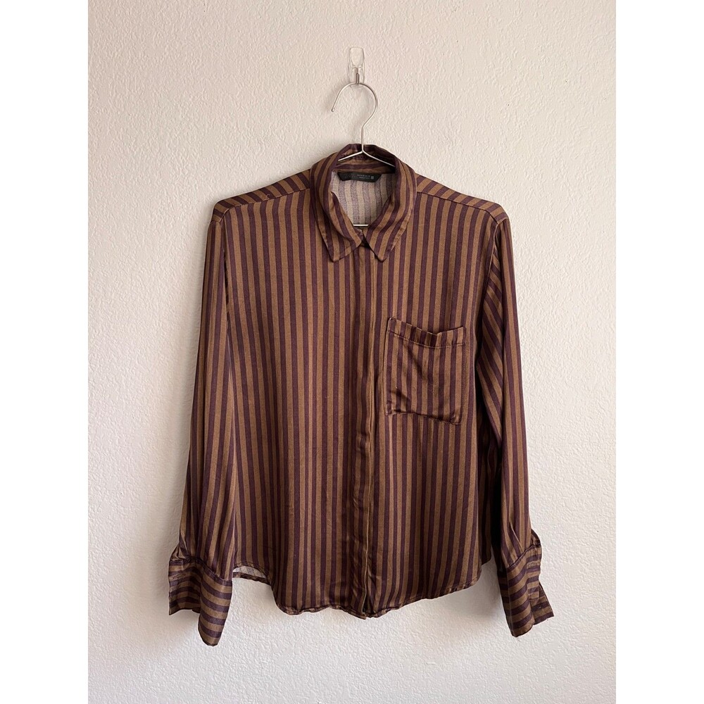 Zara Women's Satin Stripe Button Down in Brown/Maroon Size MEDIUM